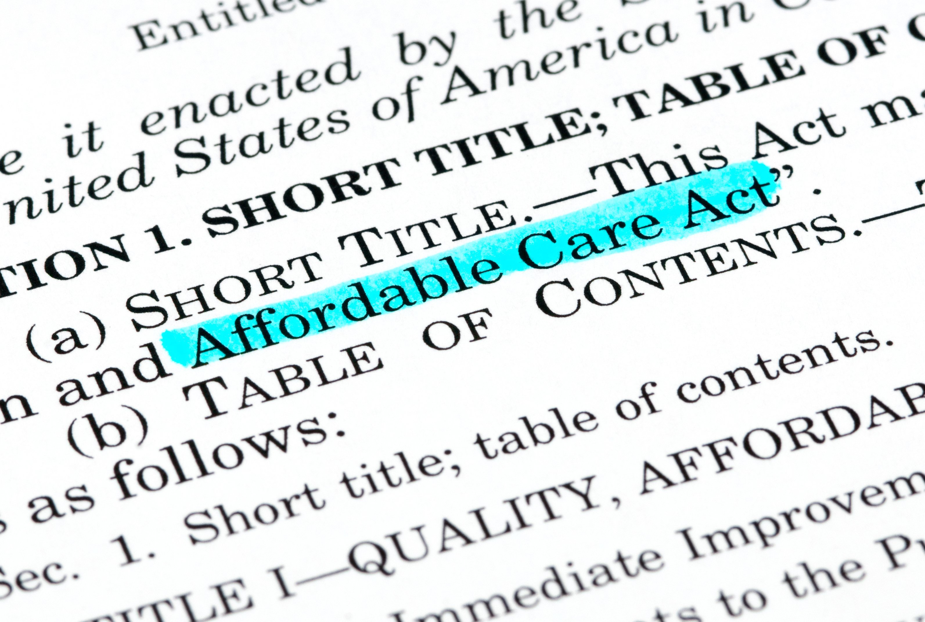 The words Affordable Care Act highlighted within the text of the document