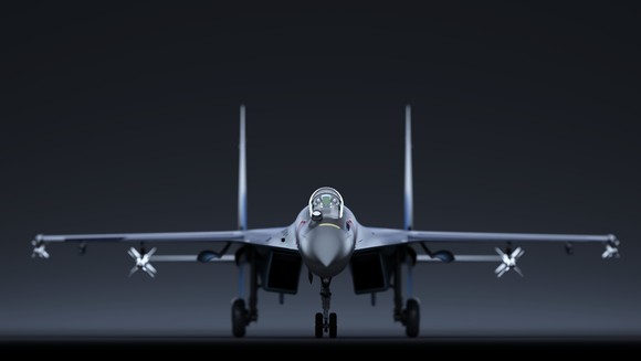 Head-on view of a sleek fighter jet on the runway