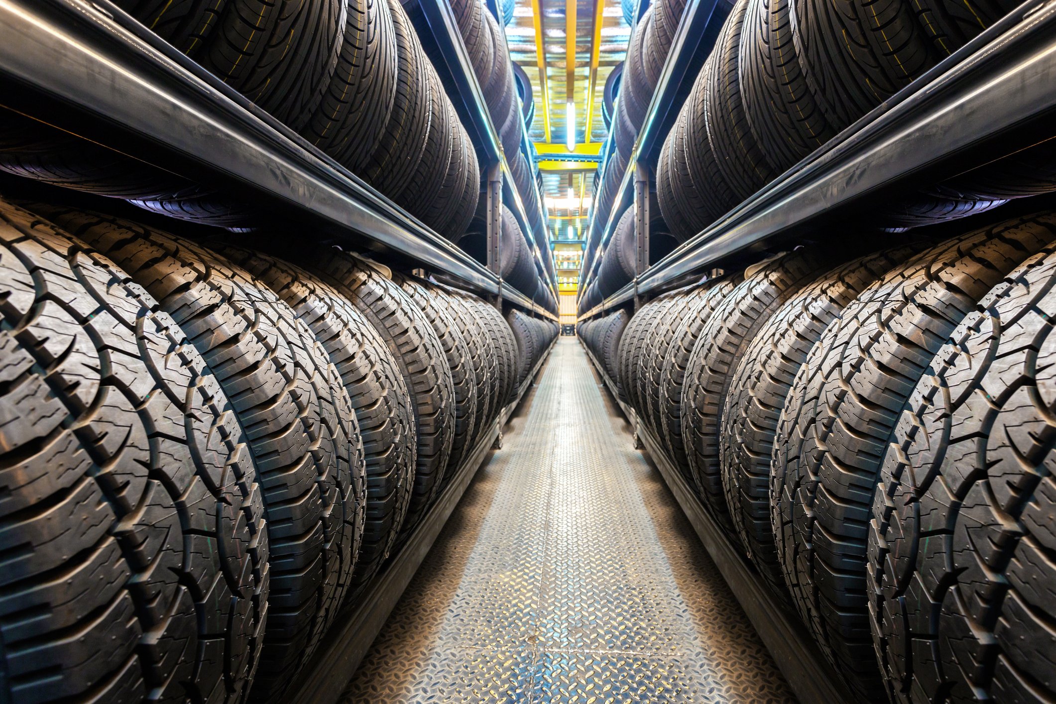 Rows of tires in a warehouse