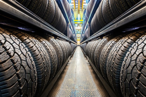 Rows of tires in a warehouse