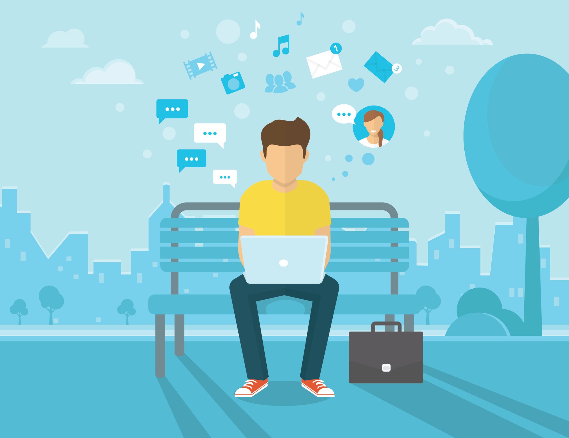 A cartoon image of a man on his computer with social media icons whirling around him.