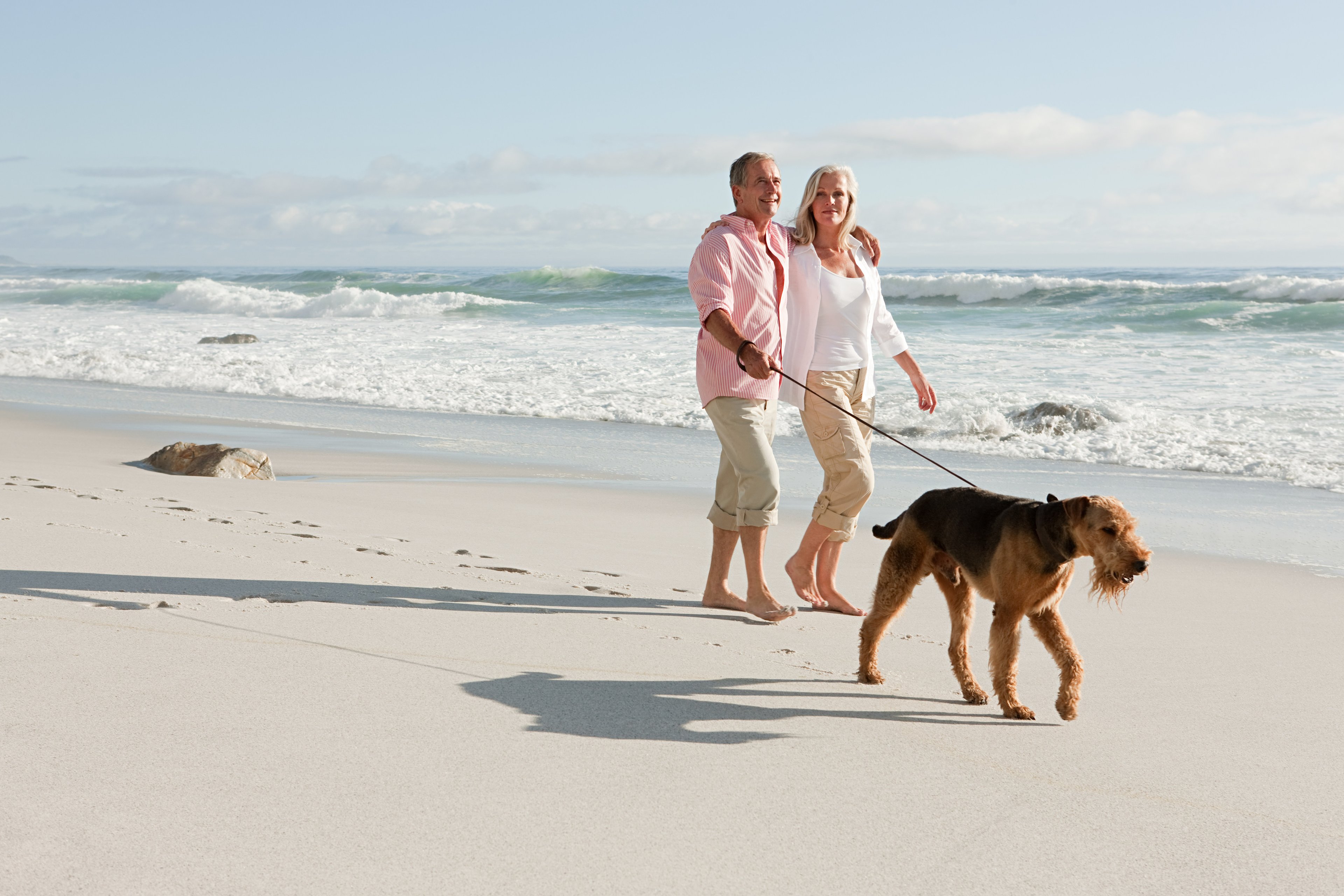 Older couple walking on beach with dog.