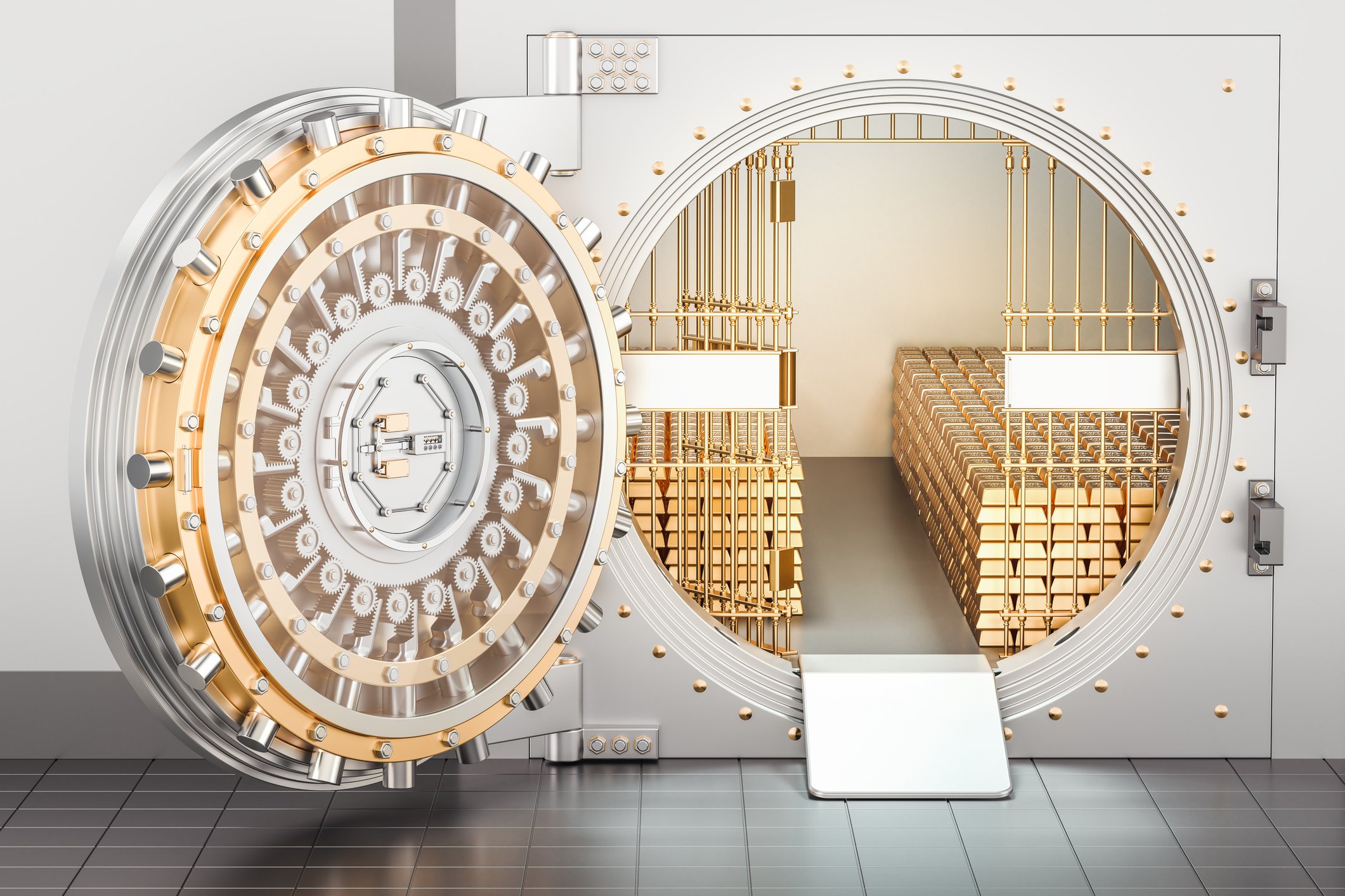 Gold bars stacked inside a bank vault