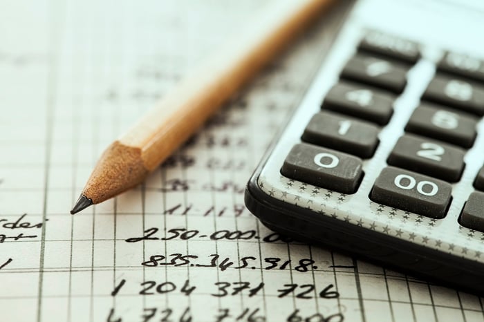 photo of pencil laying next to calculator