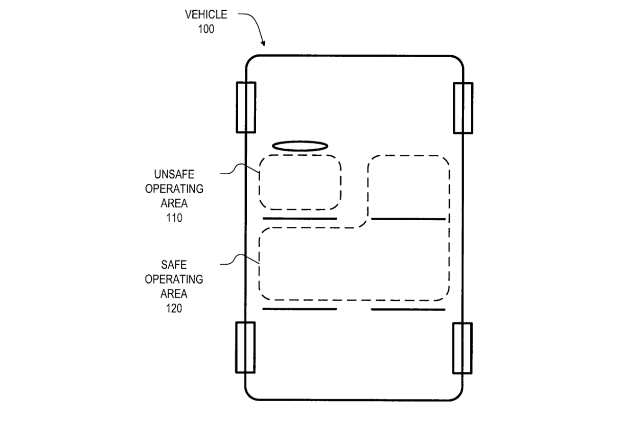 Drawing from Apple's '149 patent, outlining a car where the driver's seat is off-limits to mobile devices. 