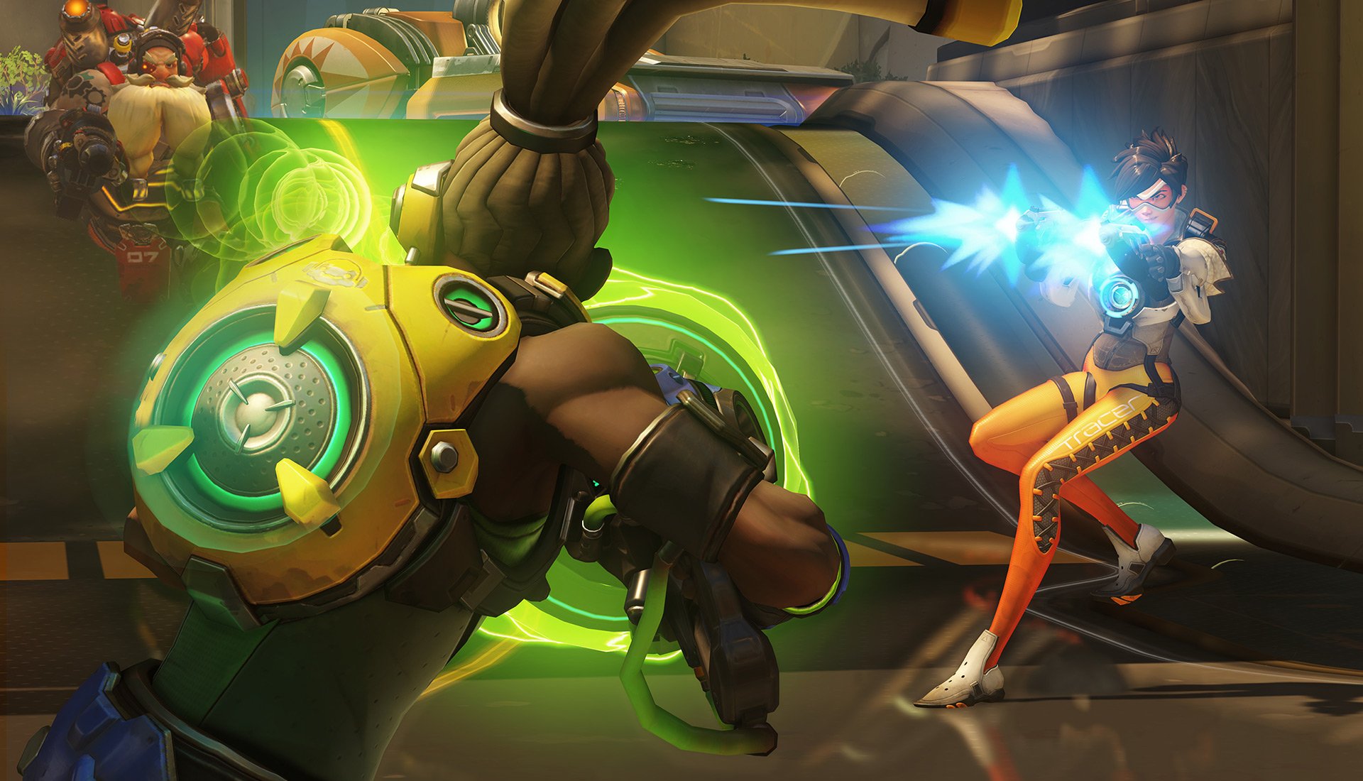 Screen shot from Activision Blizzard's video game "Overwatch" featuring three characters facing off with guns.