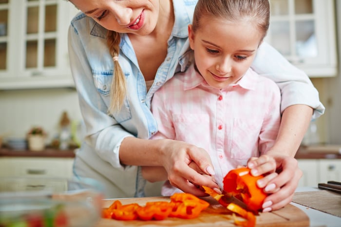 Woman helps child slice an orange pepper.