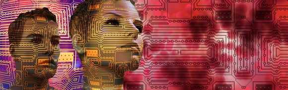 Computer circuitry and two people -- abstract representing AI.