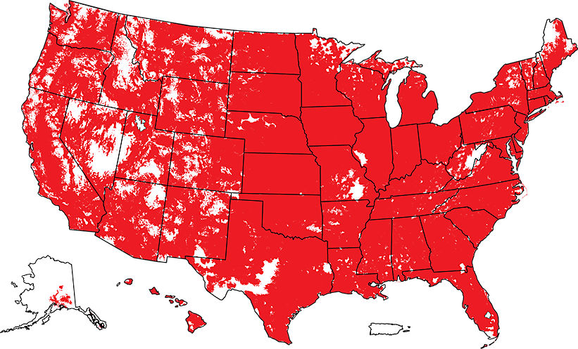 A map of the United States displaying the broad extent of Verizon's 4G LTE wireless coverage.