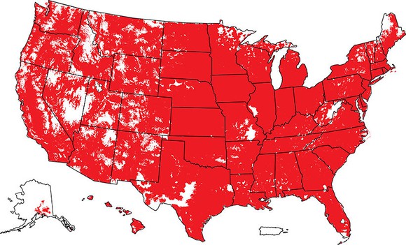 A map of the United States displaying the broad extent of Verizon's 4G LTE wireless coverage.
