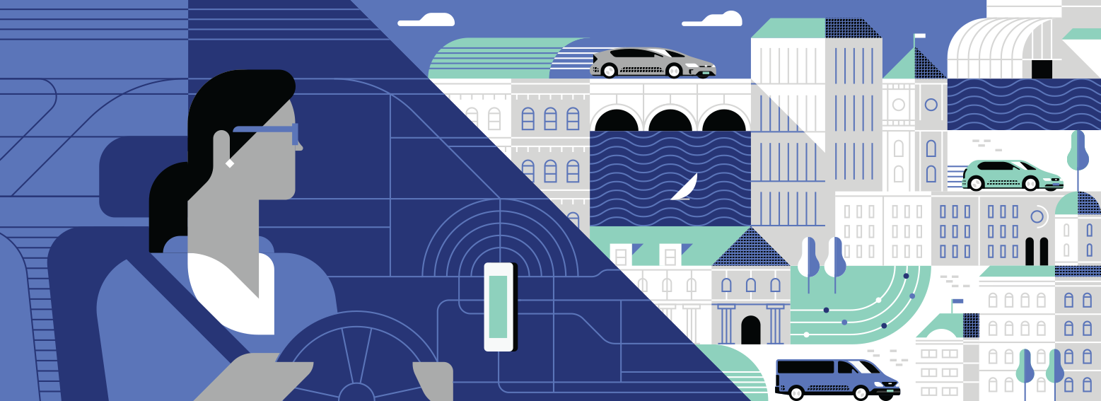 A cartoon of an Uber driver with various cars in the background