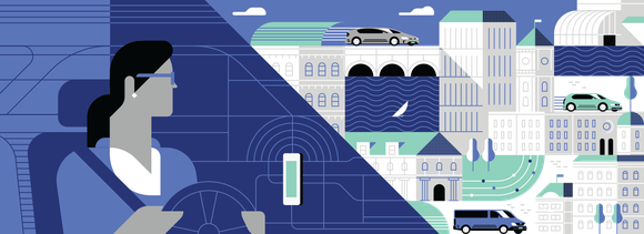 A cartoon of an Uber driver with various cars in the background