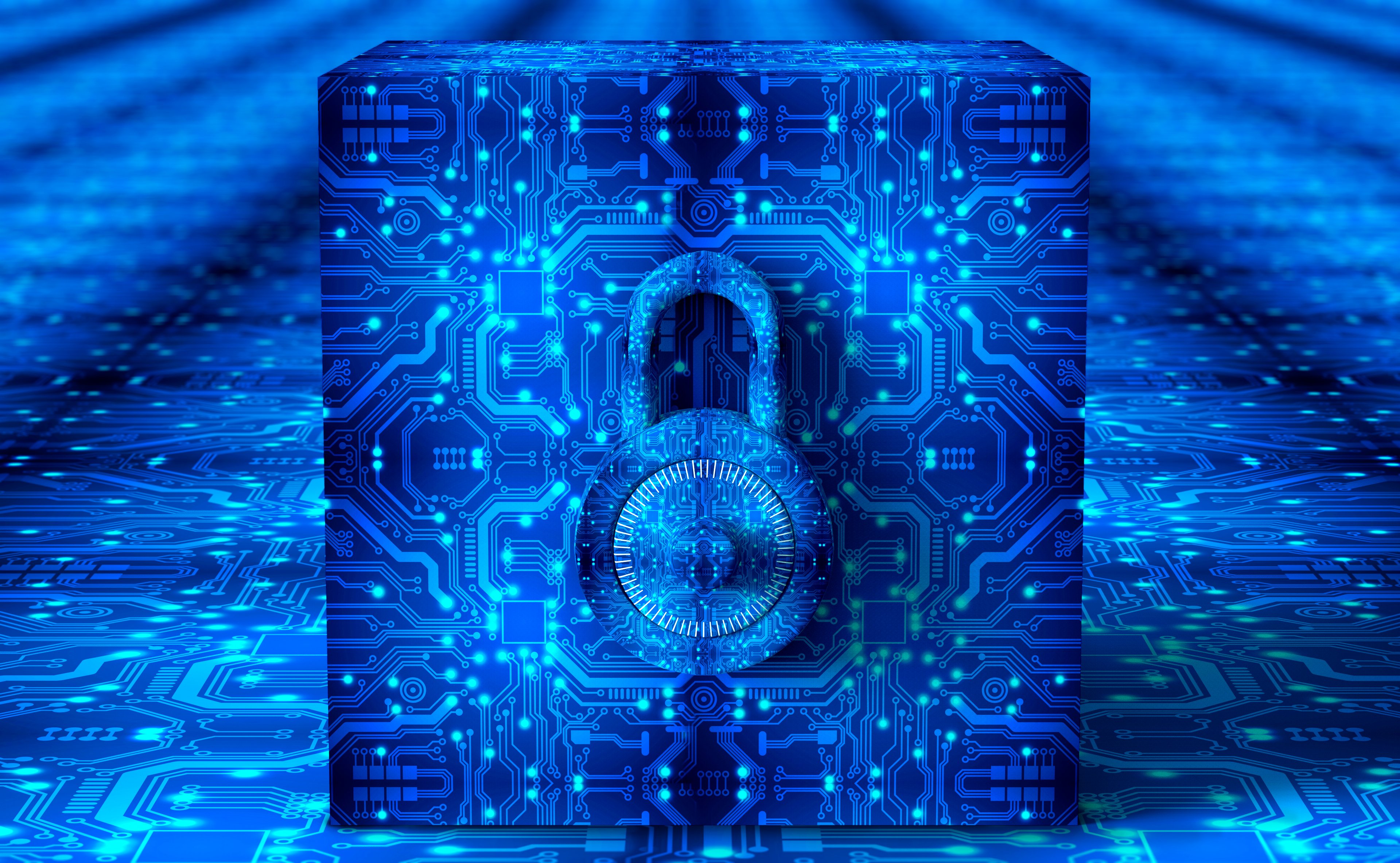 Cybersecurity depicted by a lock inside computer circuitry