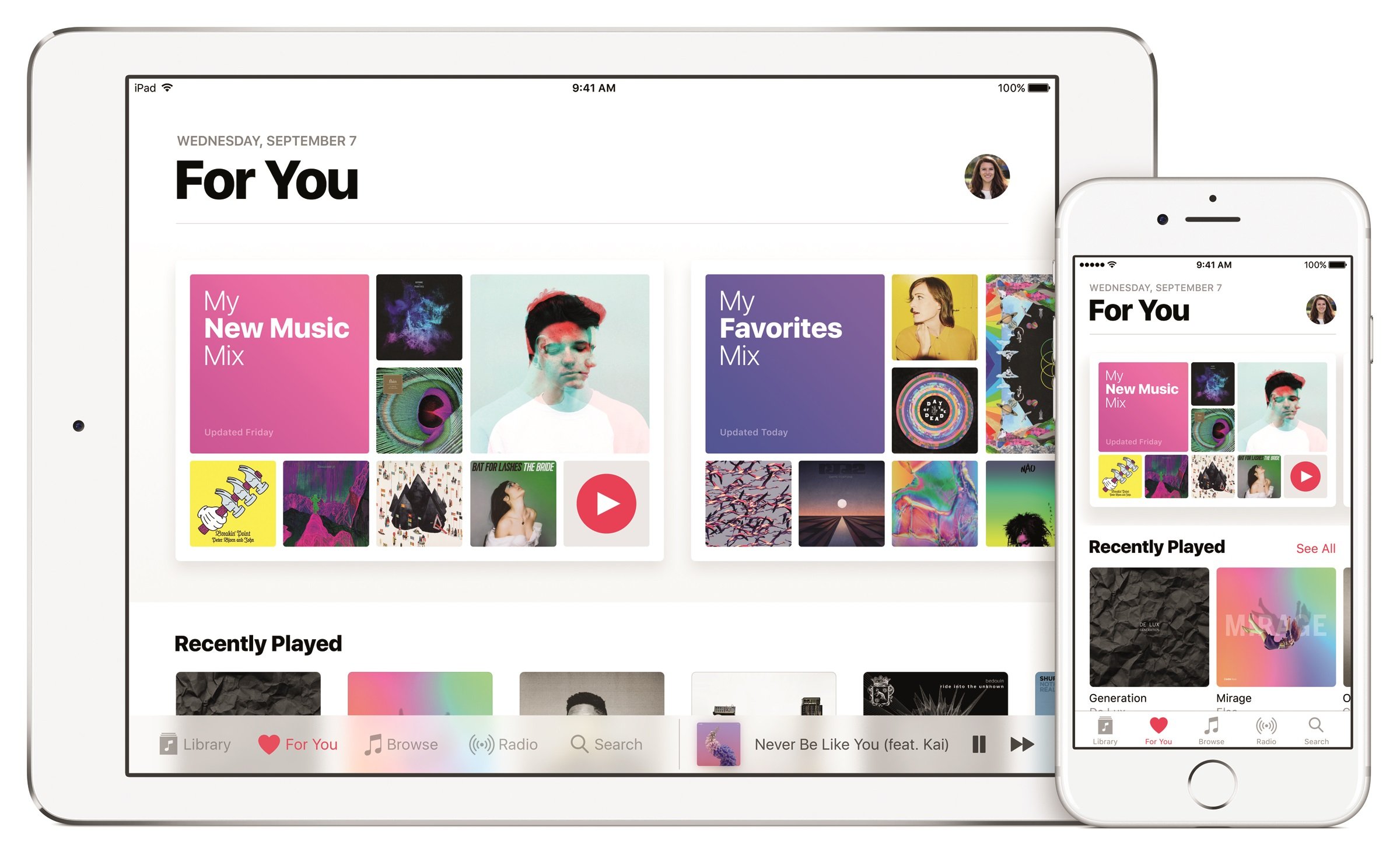 Apple music running on different Apple products.