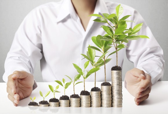 Progressive stack of coins representing dividend growth. 