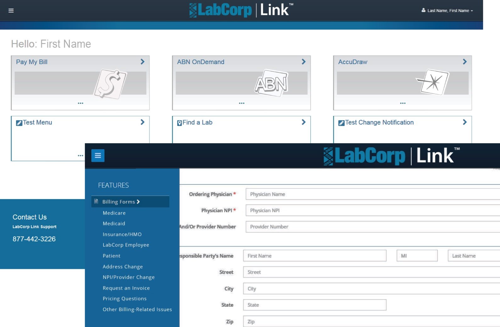 LabCorp billing software entry screen
