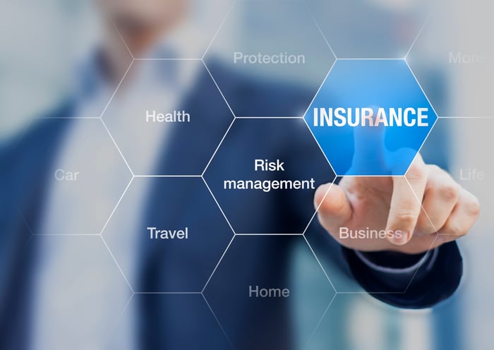 Insurance and related terms on a glass window.