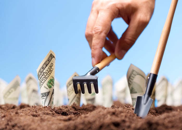 A hand planting dollar bills into the ground