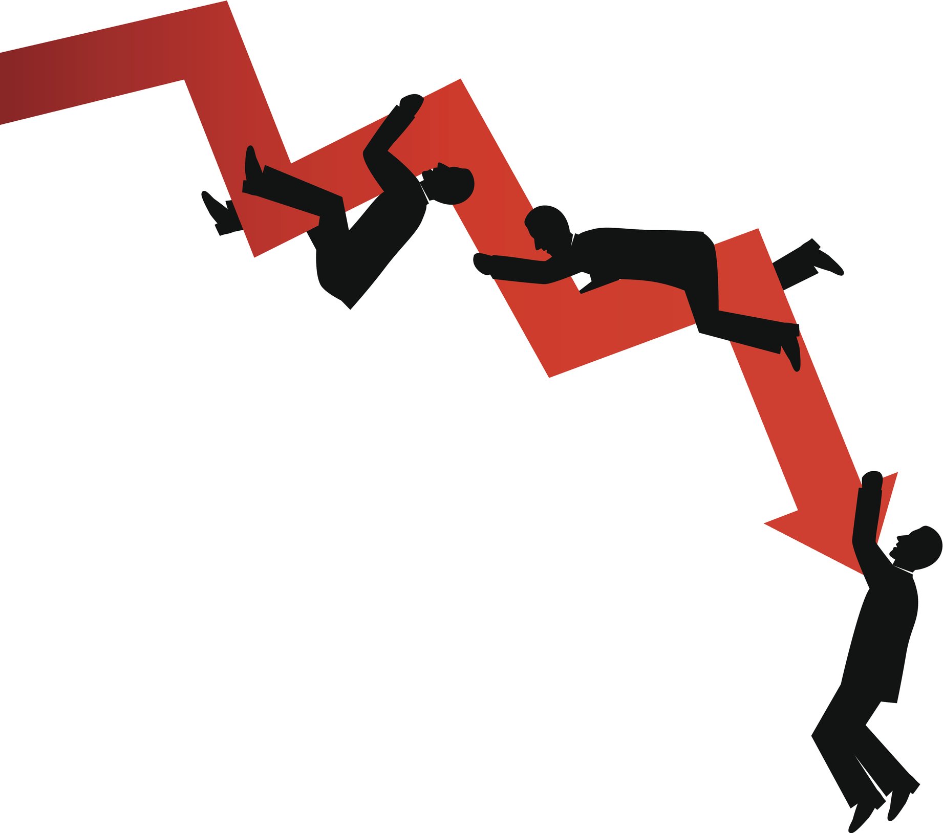 Businessmen silhouettes hanging off a downward sloping graph.