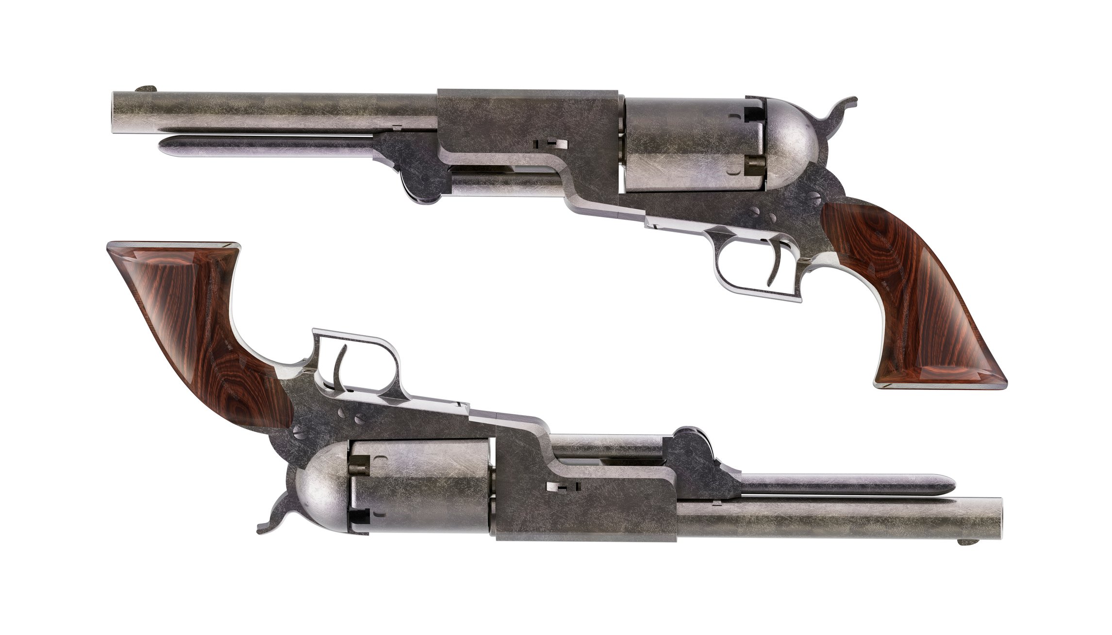 Two revolvers, one upside down.