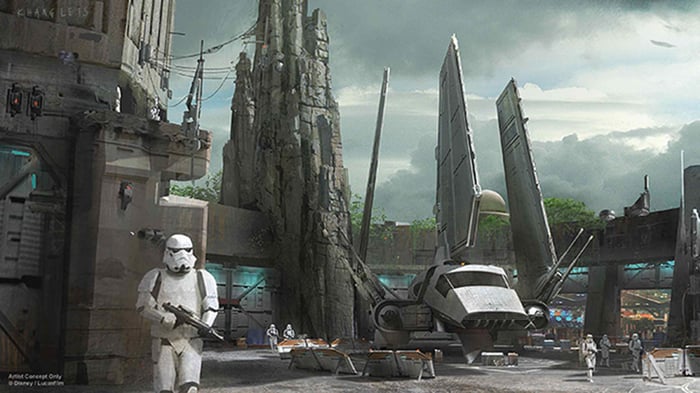 Initial concept art for Star Wars Land with the Millennium Falcon.