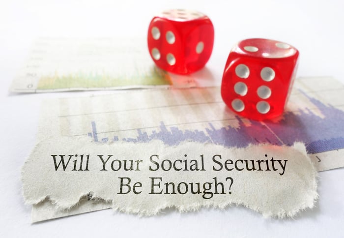 Dice sitting next to paper that reads "Will Your Social Security Be Enough."