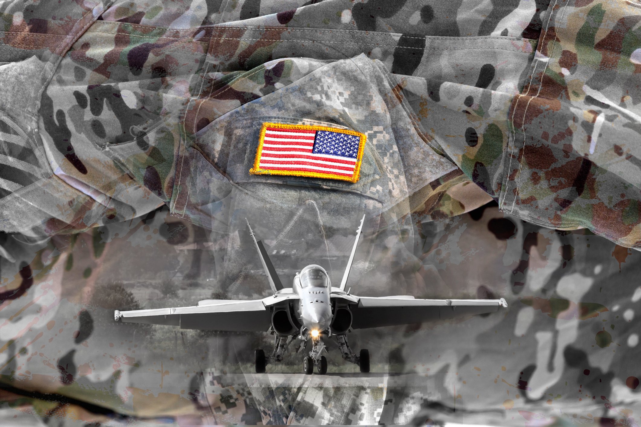 Fighter jet superimposed on fatigues with flag icon.