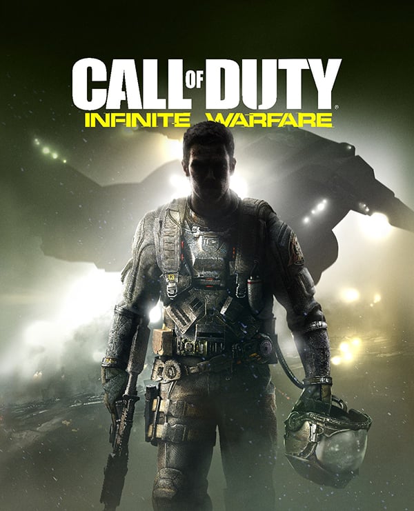 A poster for the game Call of Duty with a soldier walking toward the camera carrying a helmet and gun. 