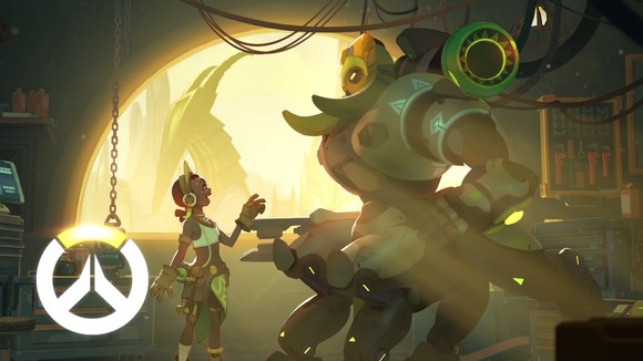 A scene from the popular game Overwatch with a girl talking to a large creature in a fantasy setting. 