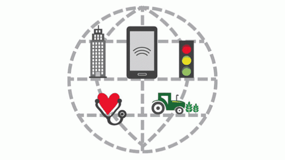 Illustration showing the connectivity o fthe internet of things from medical devices to traffic signals to farm equipment