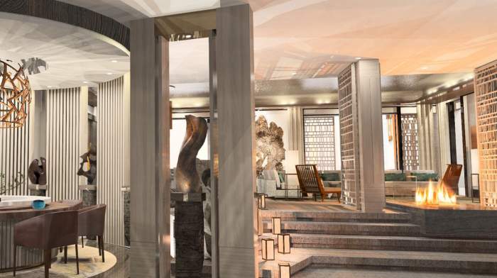A luxurious Japanese-themed room complete with a marble staircase and private Zen garden.