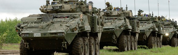 Column of LAV light armored vehicles.