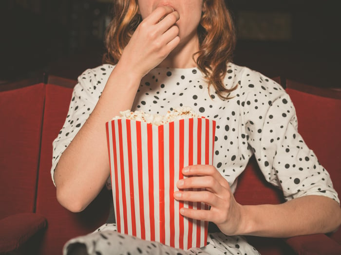 Picture of a woman sitting in a movie theater eating popcorn.