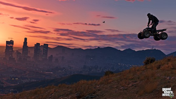 Screenshot from "Grand Theft Auto V" featuring a character flying through the air on a four-wheeler at sunset.