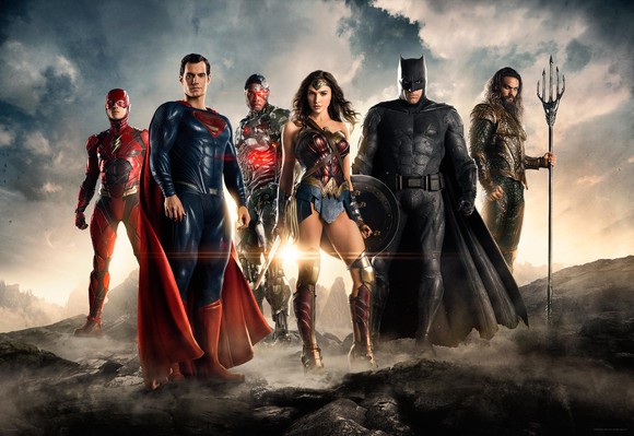 Warner's live-action Justice League, standing from left to right: The Flash, Superman, Cyborg, Wonder Woman, Batman, and Aquaman.