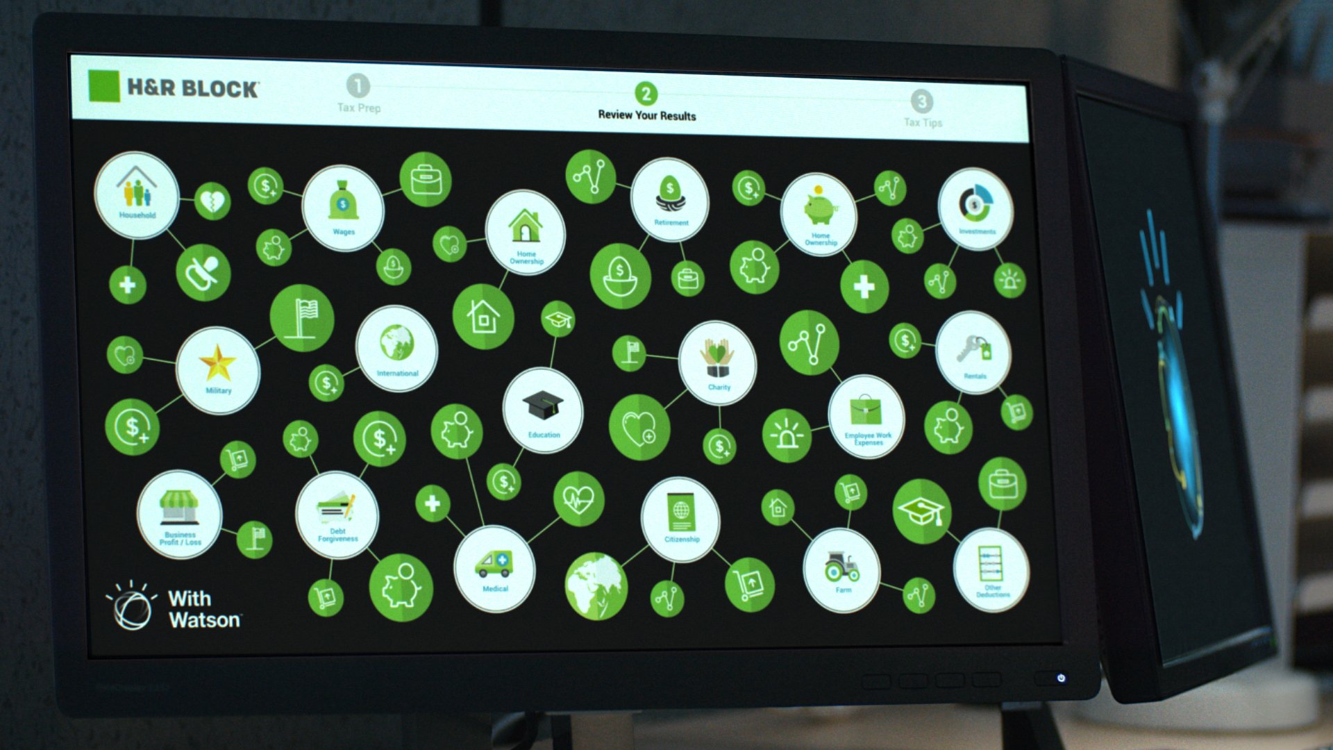 Computer monitor displaying Watson's H&R Block interface.