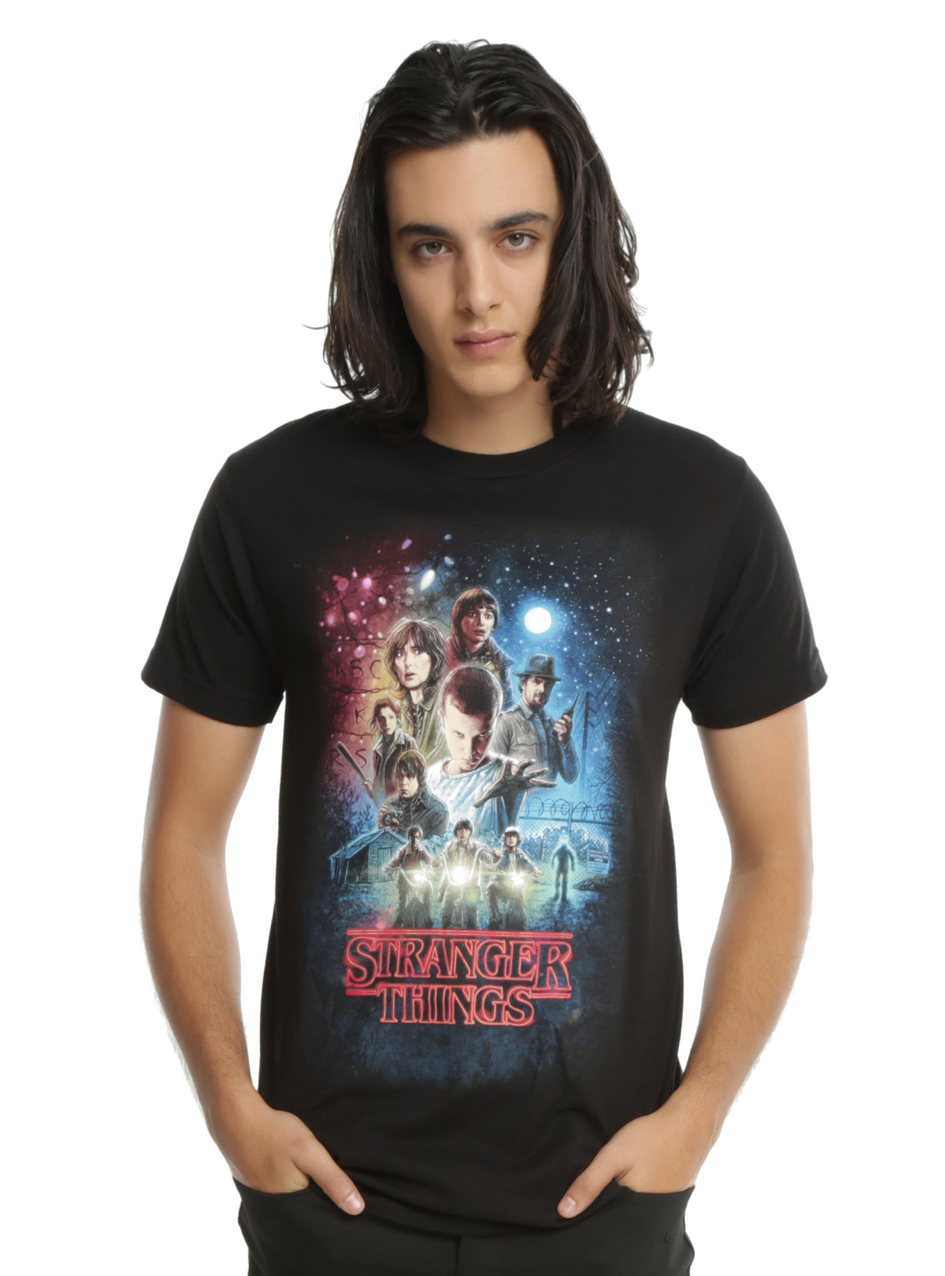 Man wearing Stranger Things t-shirt.