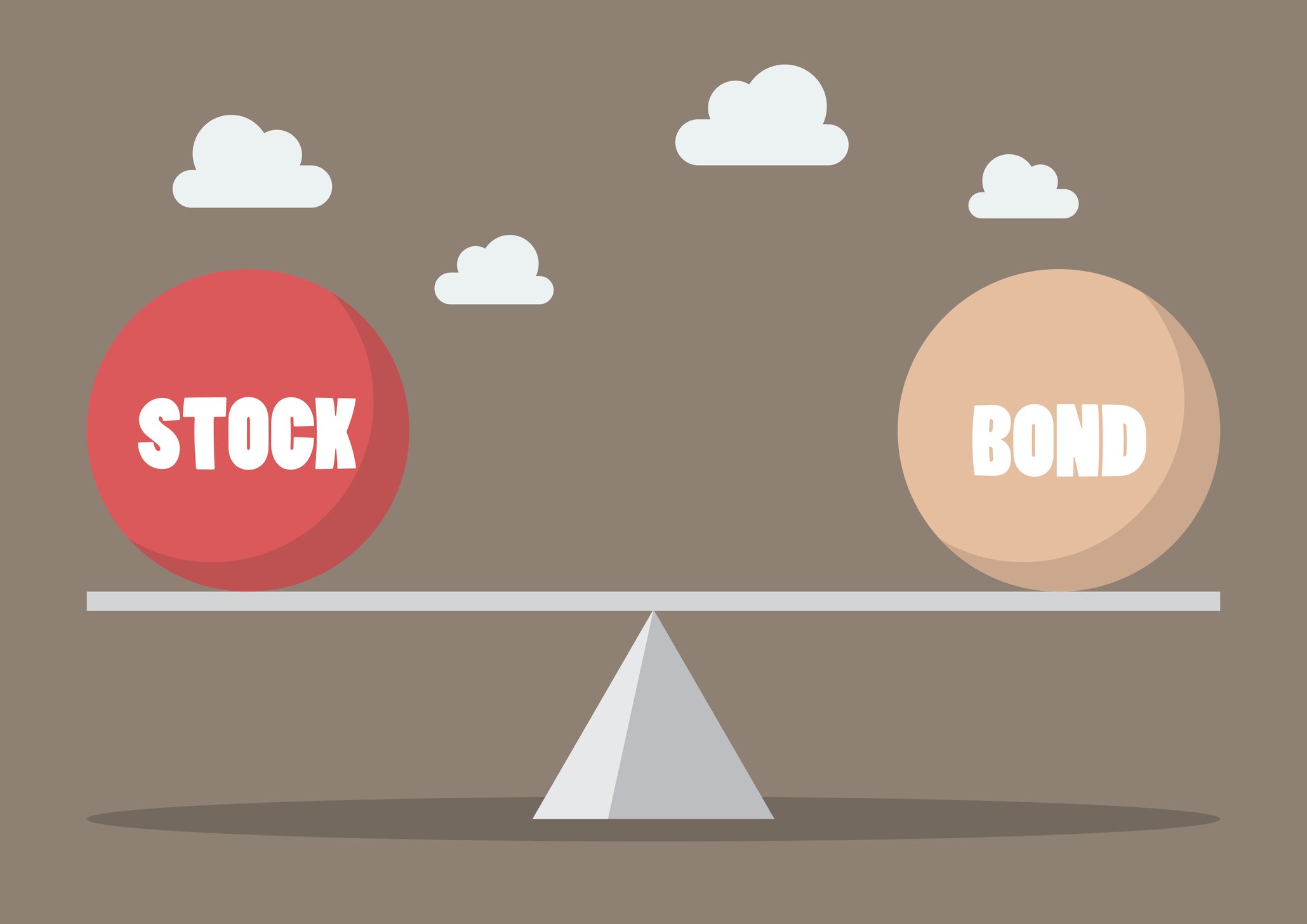 Illustration of a scale where one side is stocks and the other side is bonds.