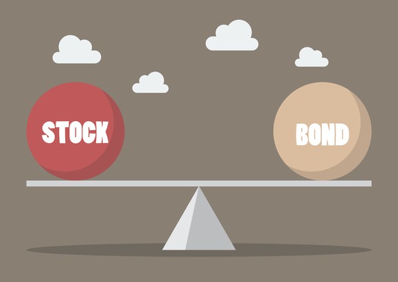 Illustration of a scale where one side is stocks and the other side is bonds.
