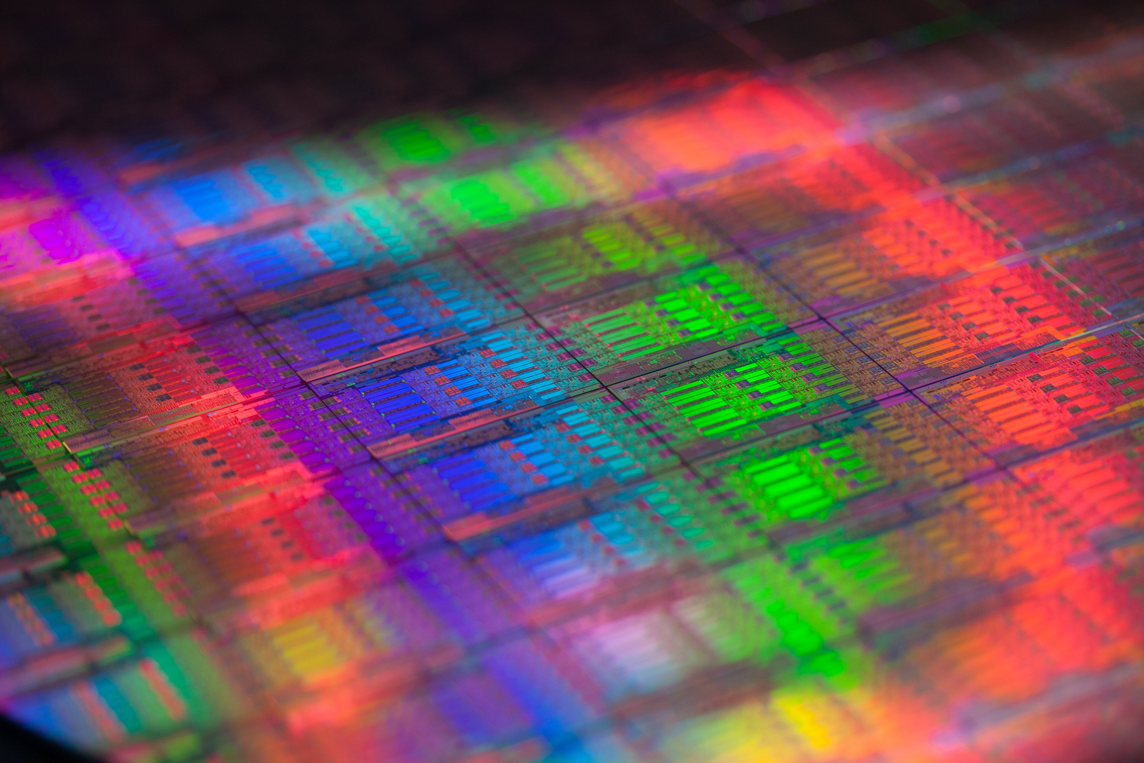 A wafer of Intel Xeon server processors manufactured in 22-nanometer technology. 