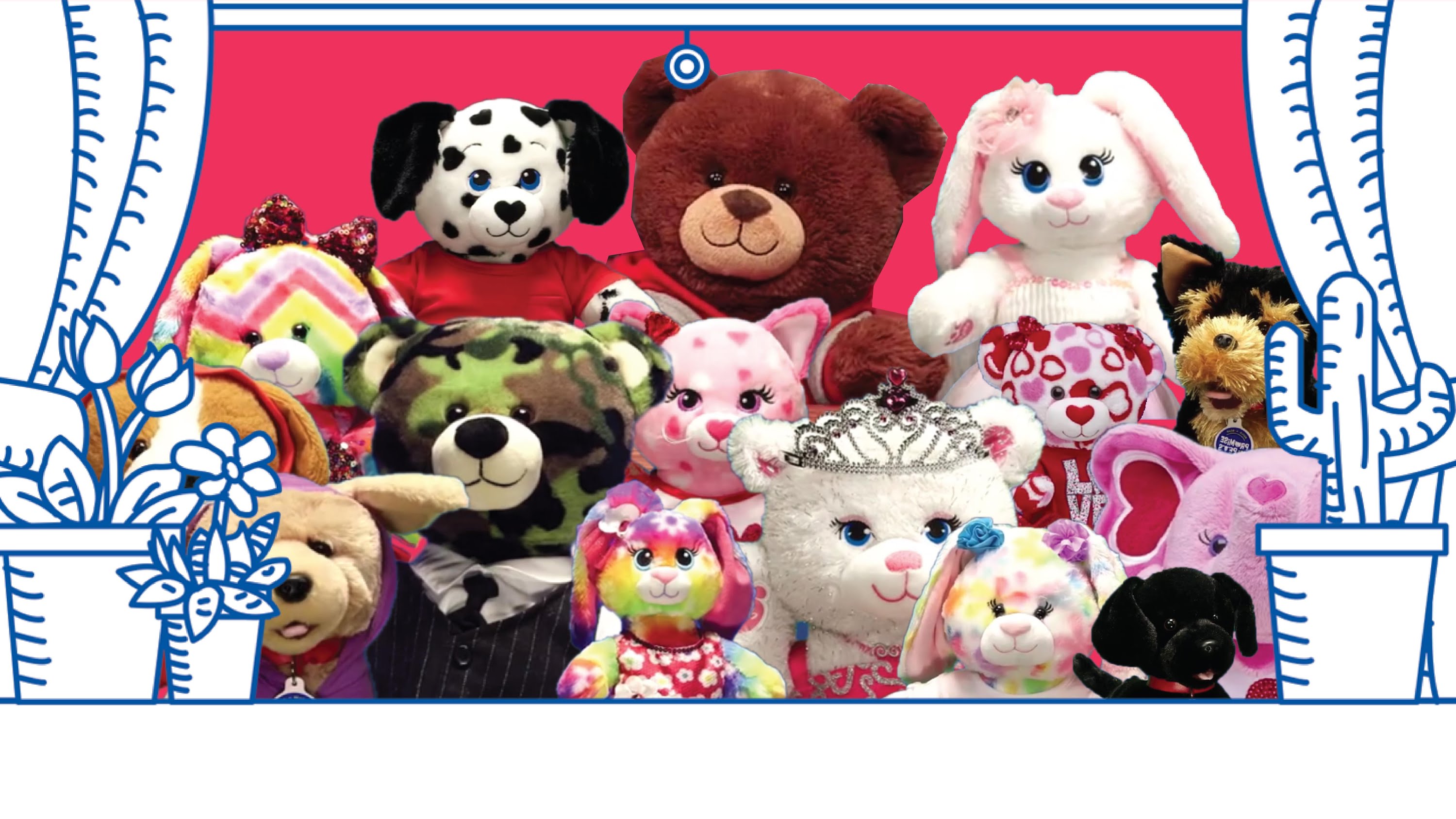 A collection of stuffed toys available at Build-A-Bear Workshop.