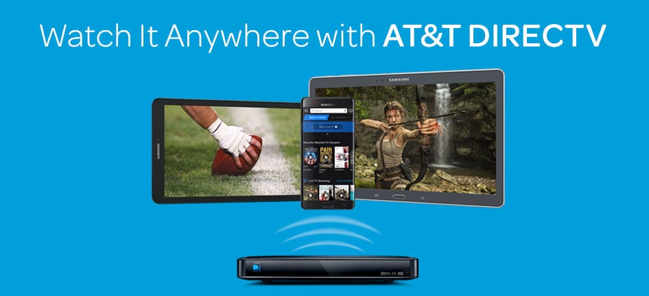 An ad for AT&T's DirecTV platform being viewed across multiple devices.