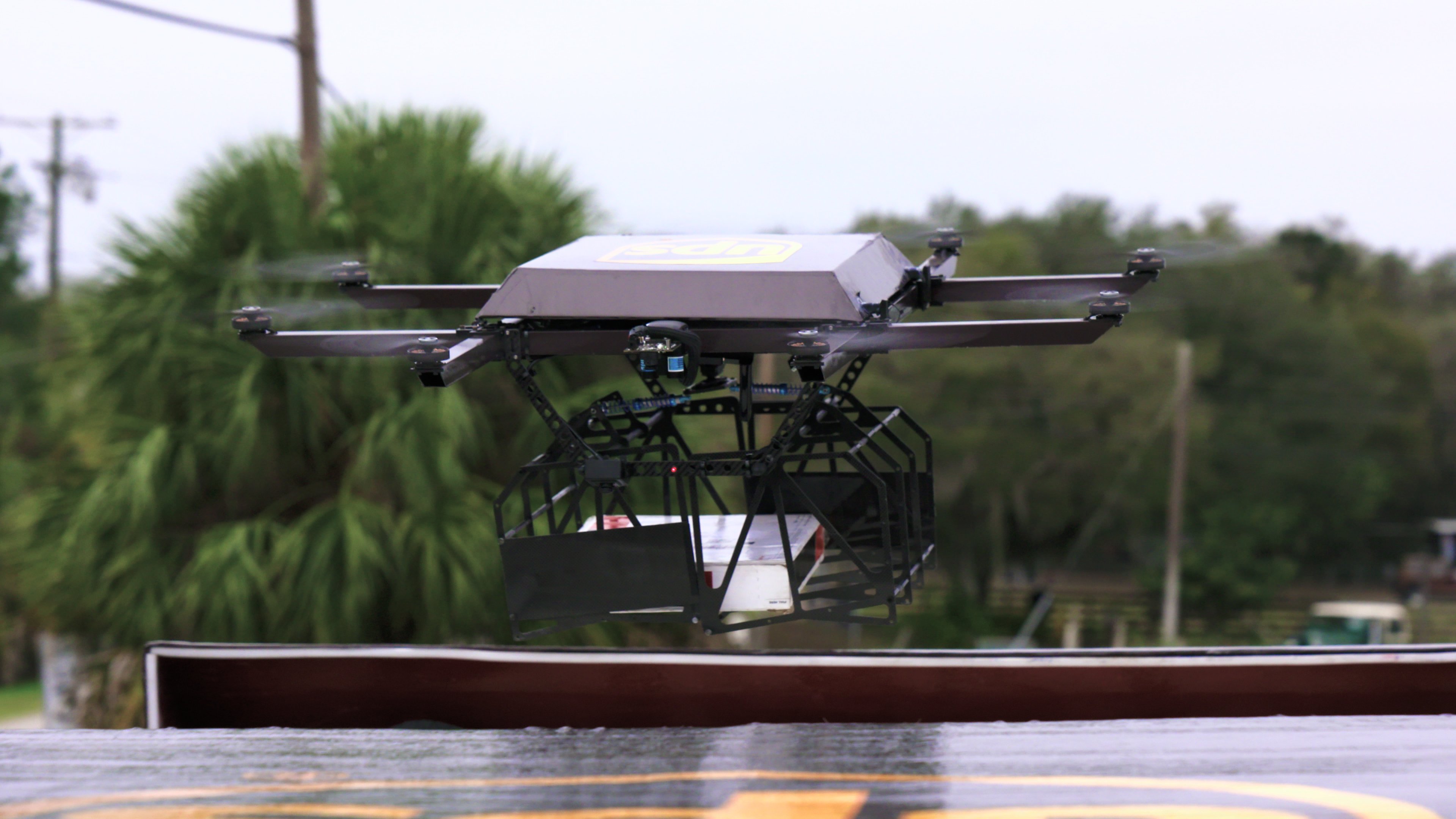 A UPS drone in flight