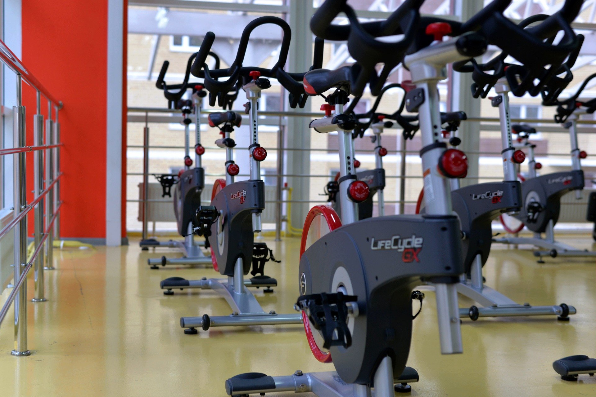 A row of stationary bikes in a gym.