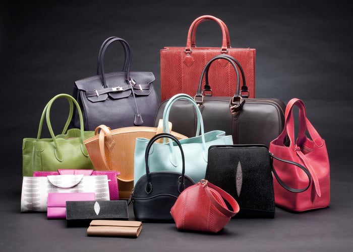 Leather handbags on display.