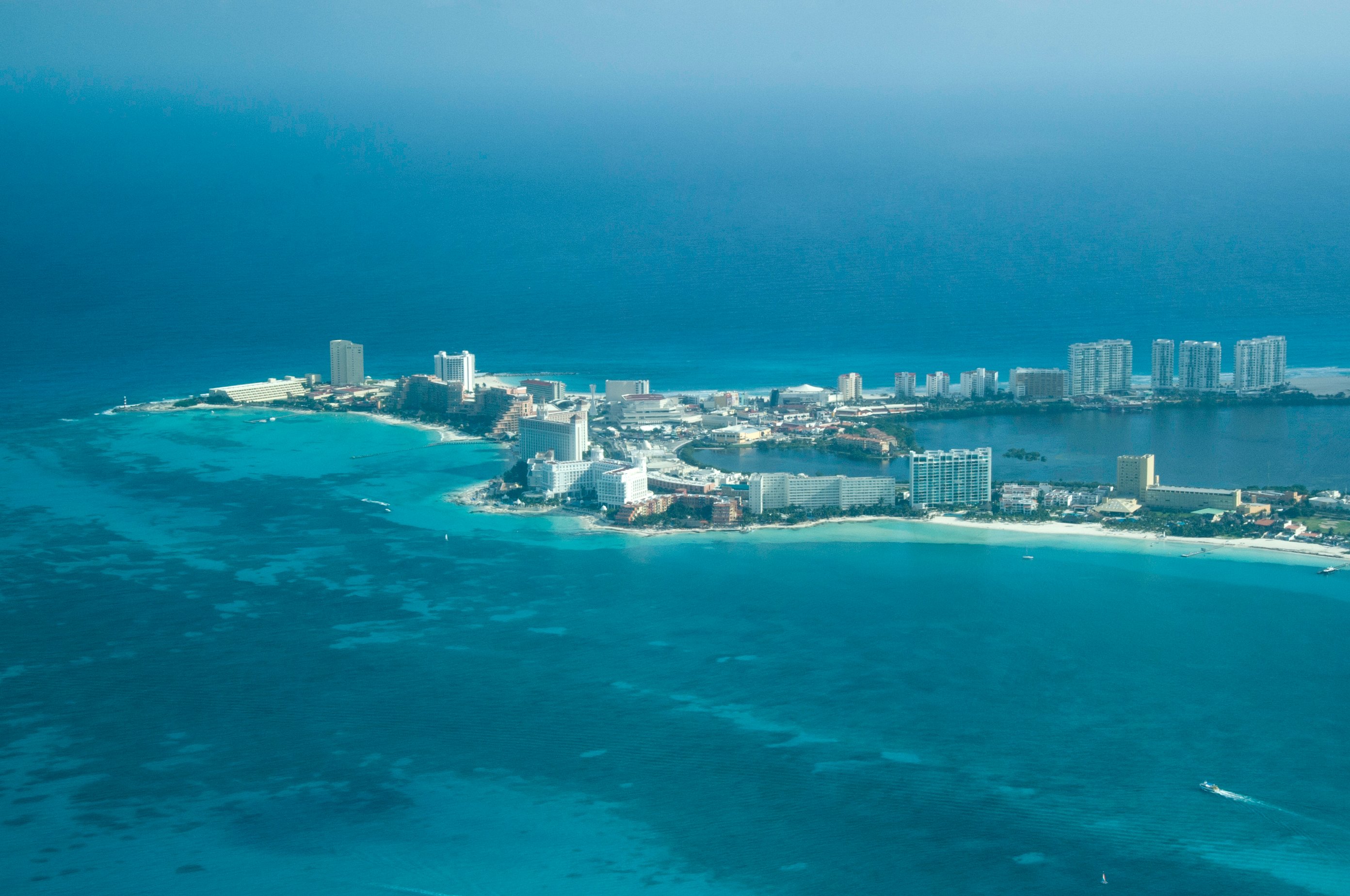 Distance shot of Cancun shoreline.