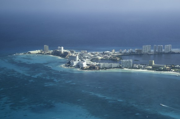Distance shot of Cancun shoreline.