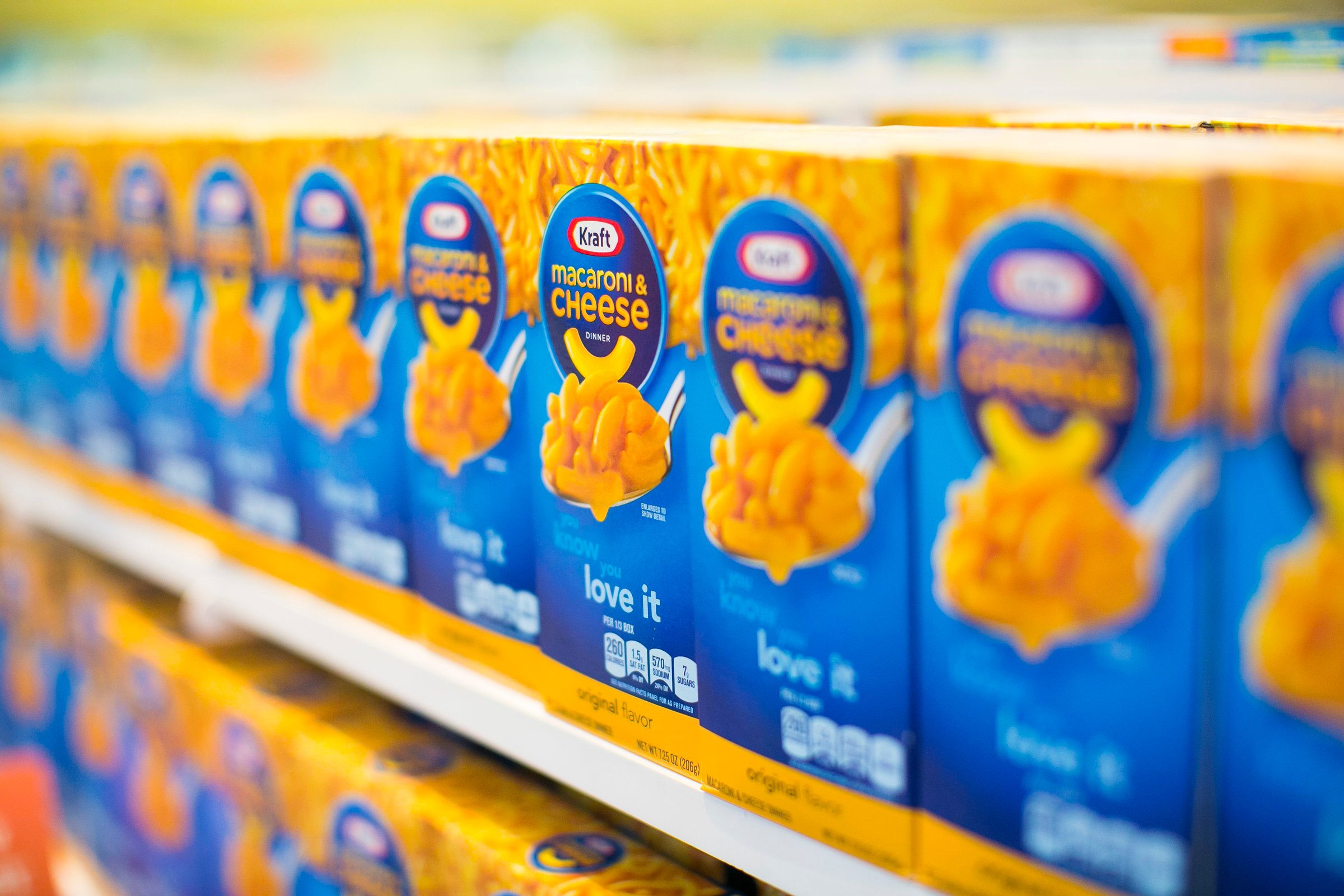 Kraft's iconic boxes of macaroni and cheese.