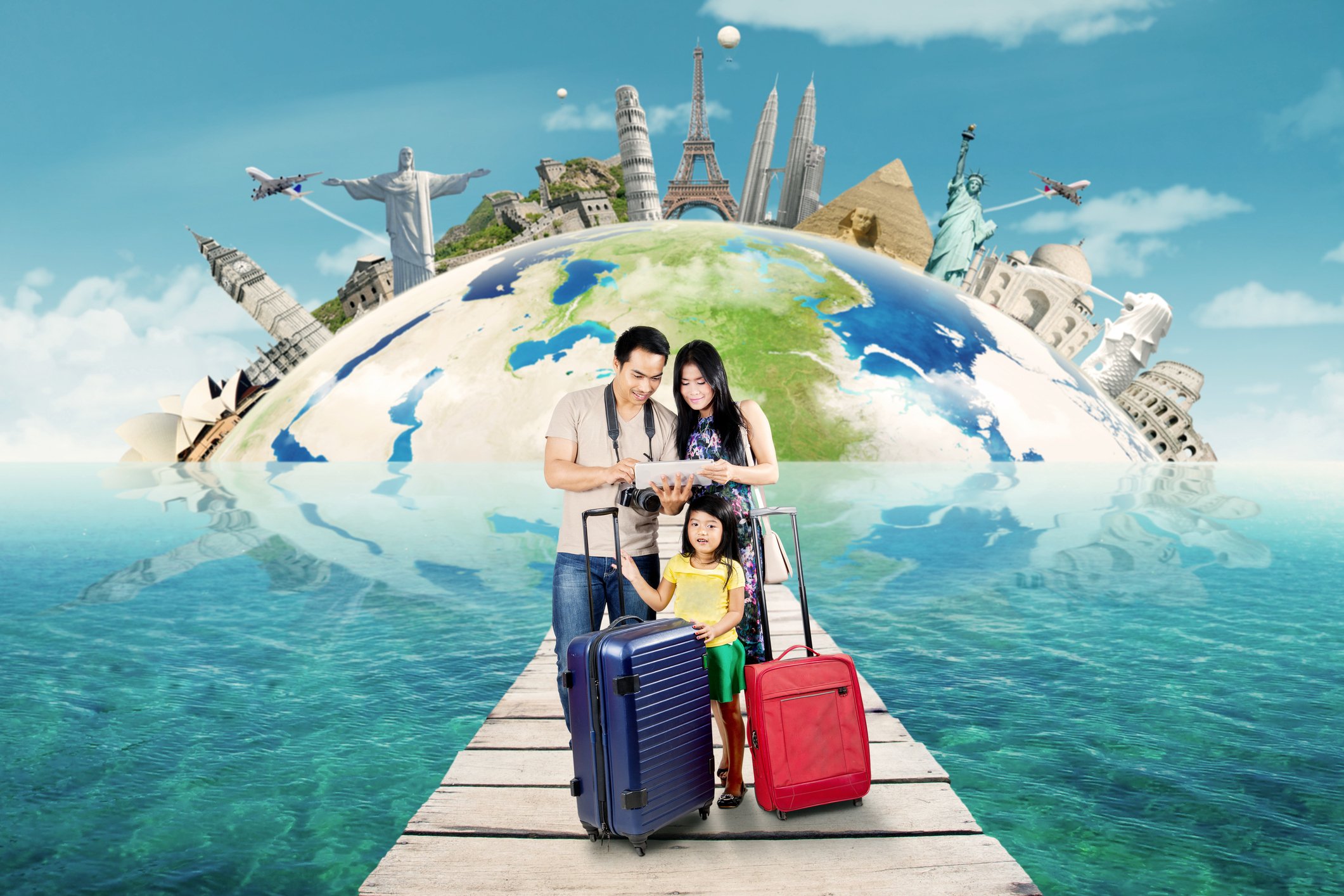 A family preparing for travel against the backdrop of major world sights.