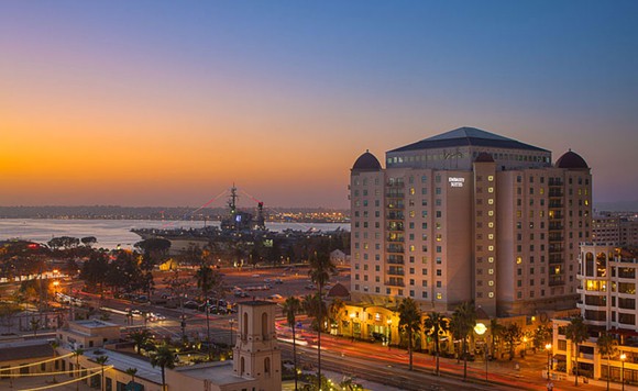 A view of Pebblebrook's Embassy Suites San Diego Bay Downtown Hotel. 